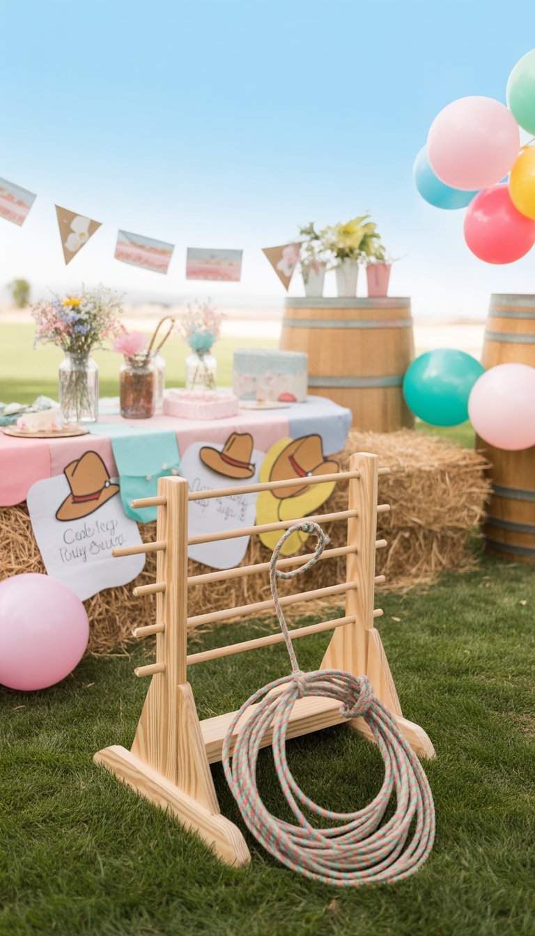 Outdoor lasso toss game setup with cowgirl-themed baby shower decorations including hay bales, balloons, and wooden barrels.